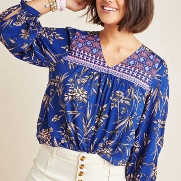 Anthropologie blue floral blouse - Picture 1 of 9